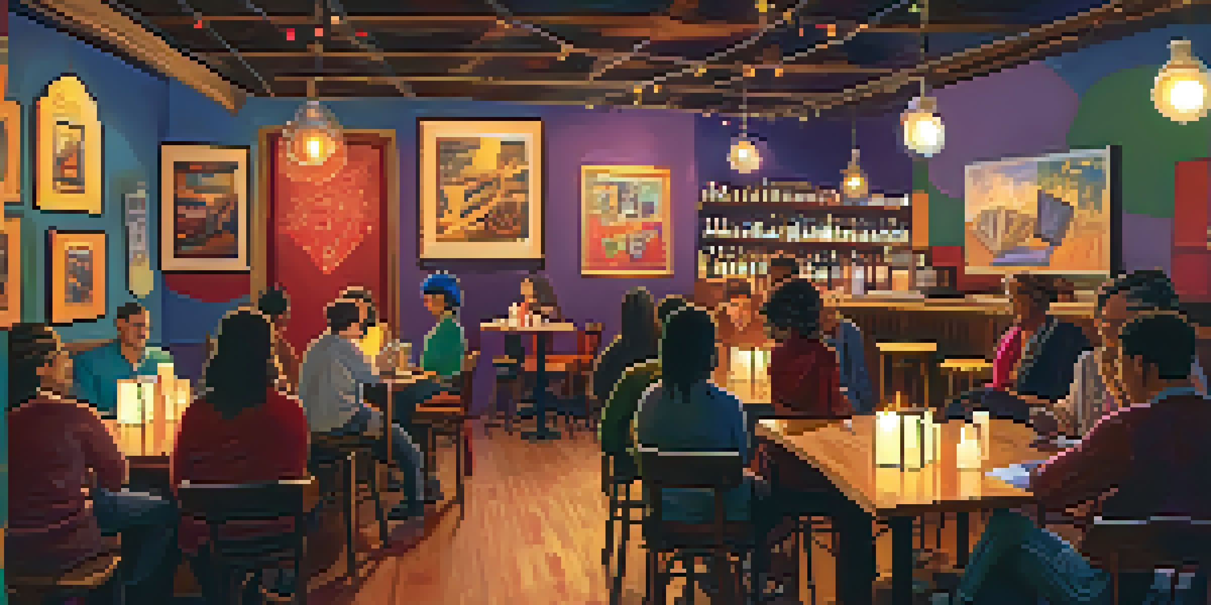 A warm and inviting café setting during an open mic night, showcasing diverse performers and an engaged audience.
