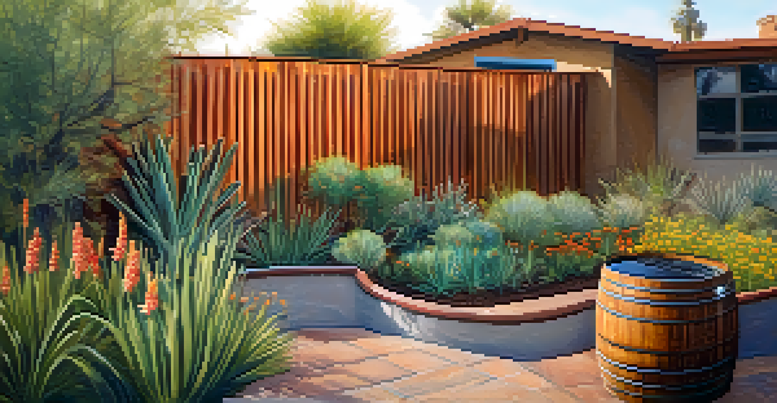 A close-up of a rainwater harvesting system in a residential garden in Tucson, surrounded by native plants and illuminated by soft morning light.