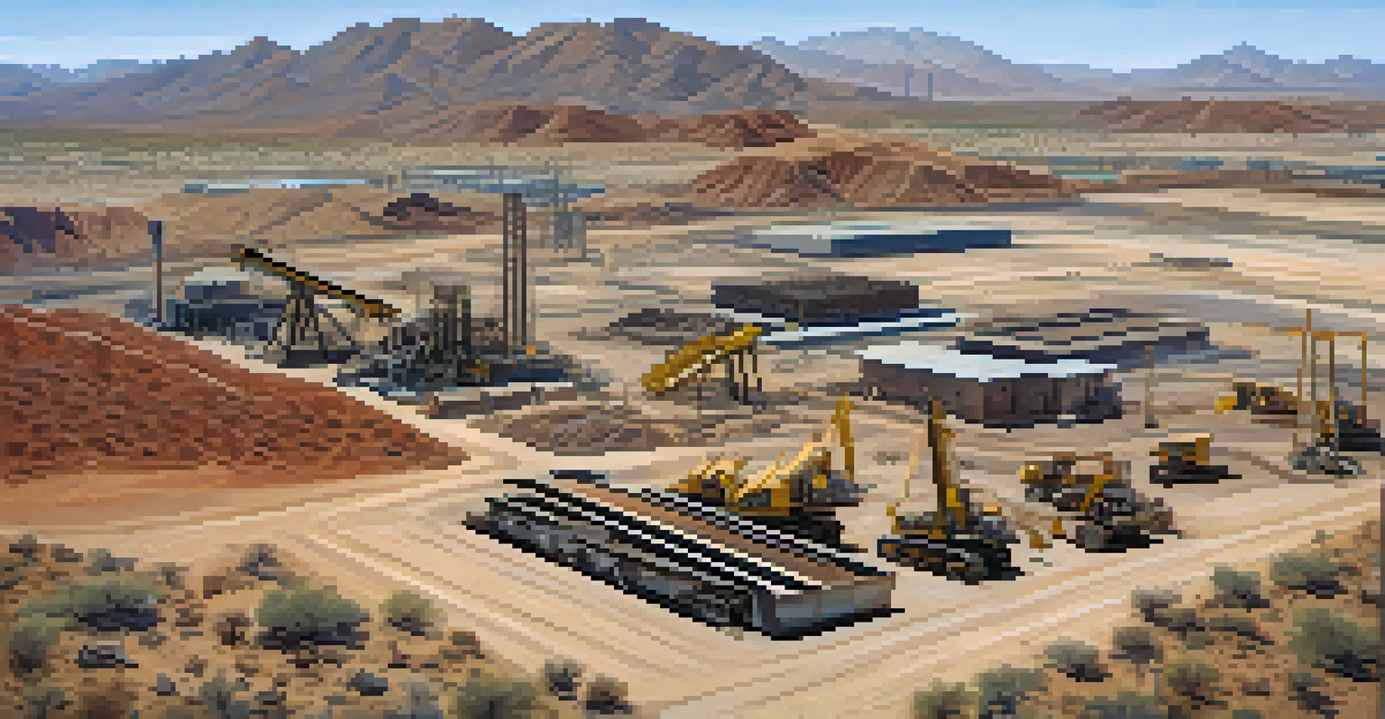 An aerial view of a mining site in Tucson, showing heavy machinery and disturbed land among desert vegetation.
