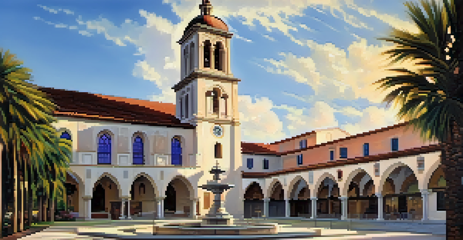 A monumental basilica with a bell tower and colorful stained glass windows, surrounded by a plaza in morning light.