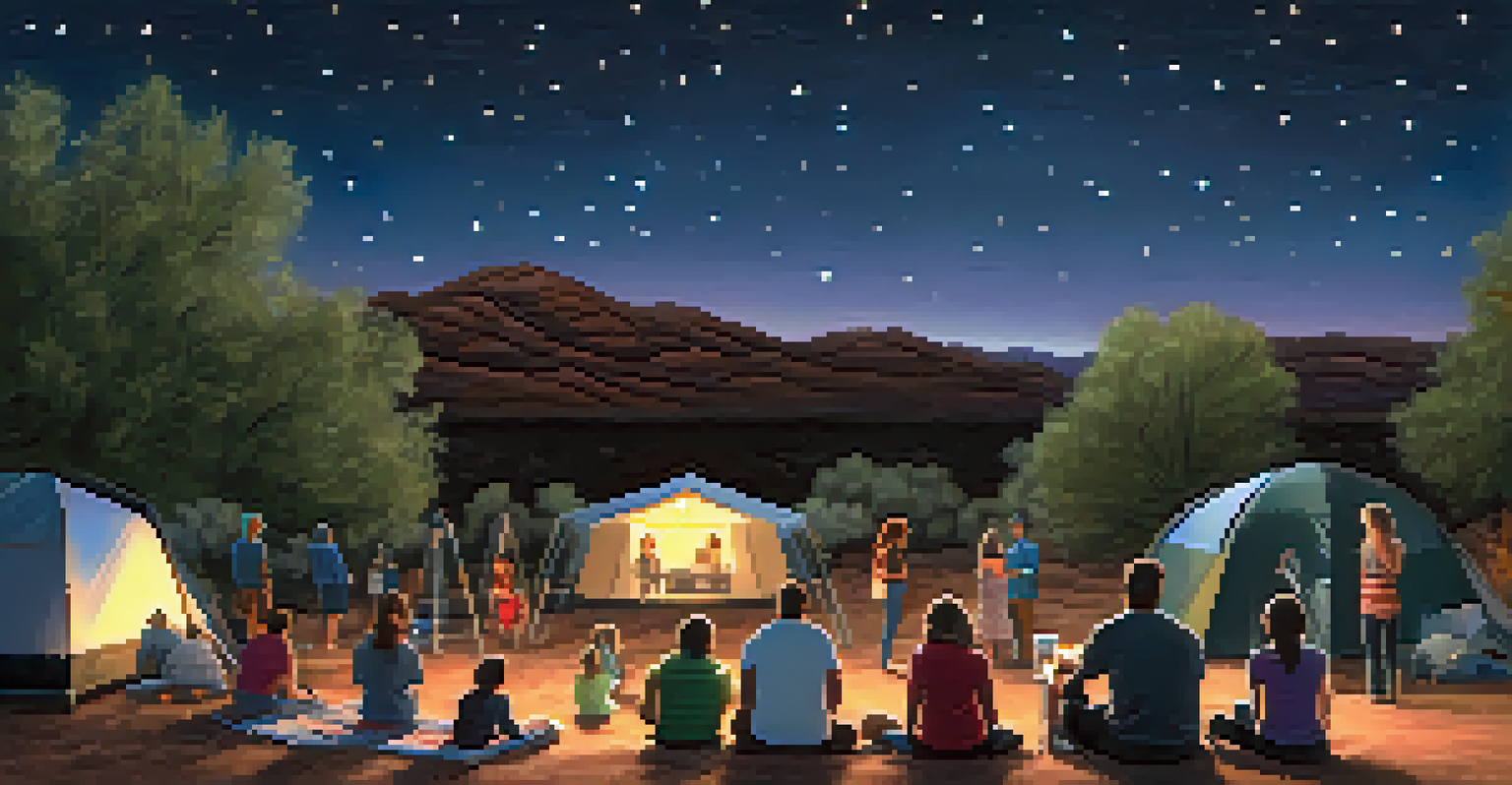 Families and friends enjoying a stargazing event in Tucson, with telescopes and blankets under a starry sky.
