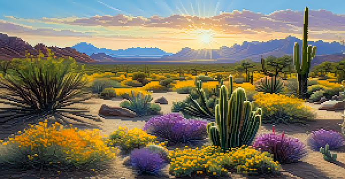A wide view of the Sonoran Desert with colorful wildflowers blooming in the foreground and tall Saguaro cacti standing under a blue sky.