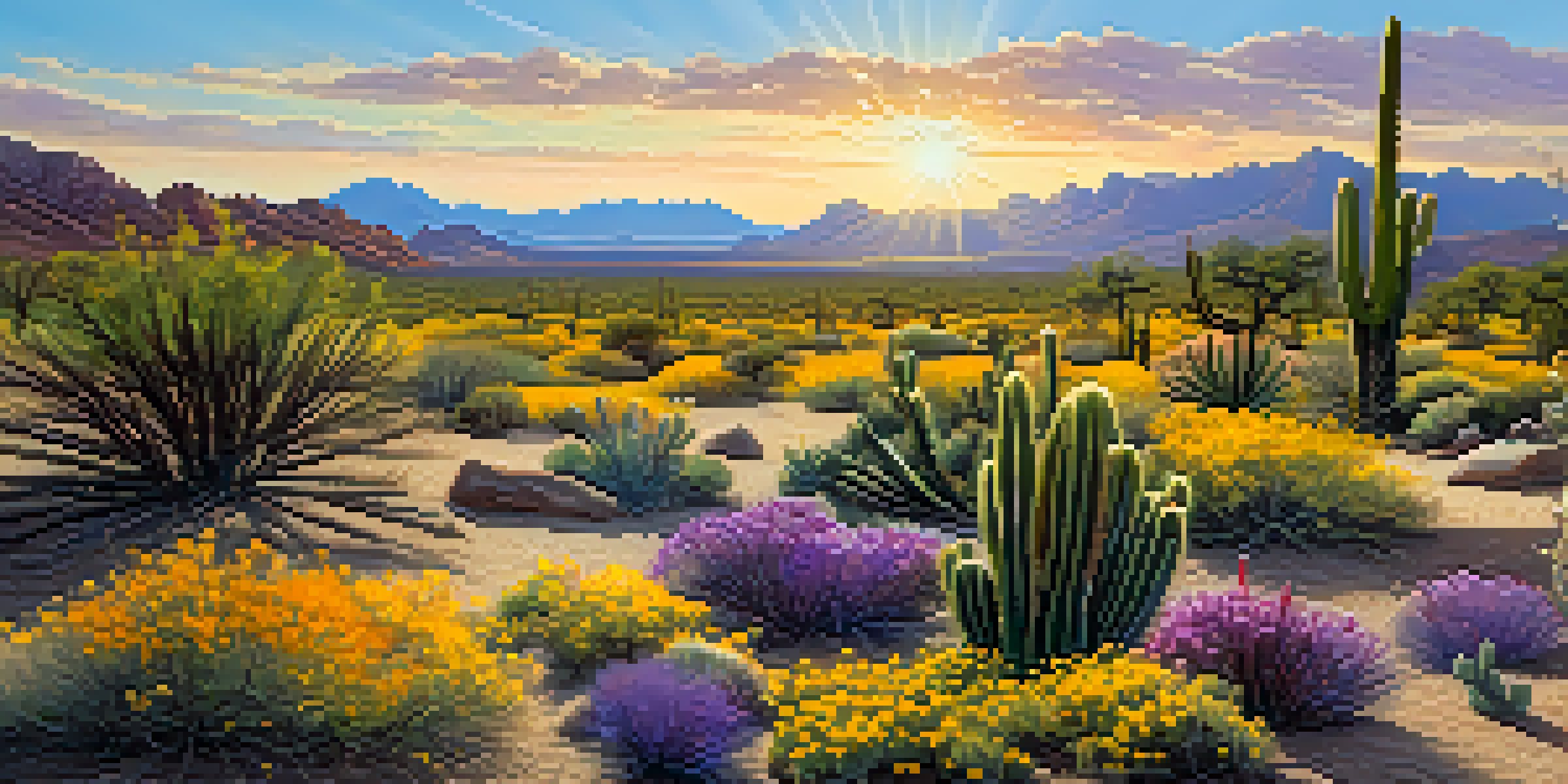 A wide view of the Sonoran Desert with colorful wildflowers blooming in the foreground and tall Saguaro cacti standing under a blue sky.