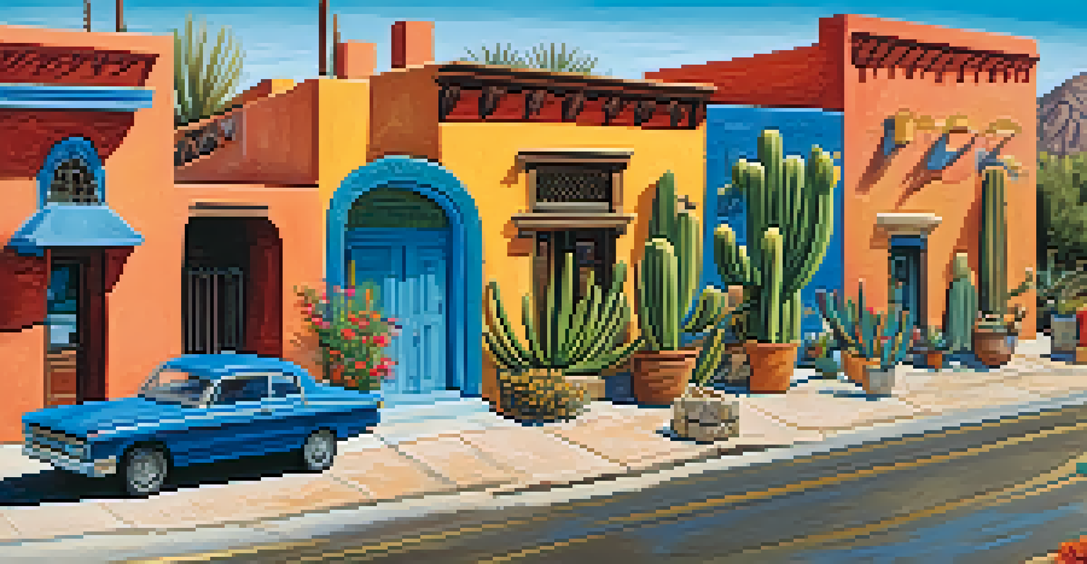 A lively street in Barrio Viejo, Tucson, showcasing colorful homes and residents enjoying the community atmosphere.