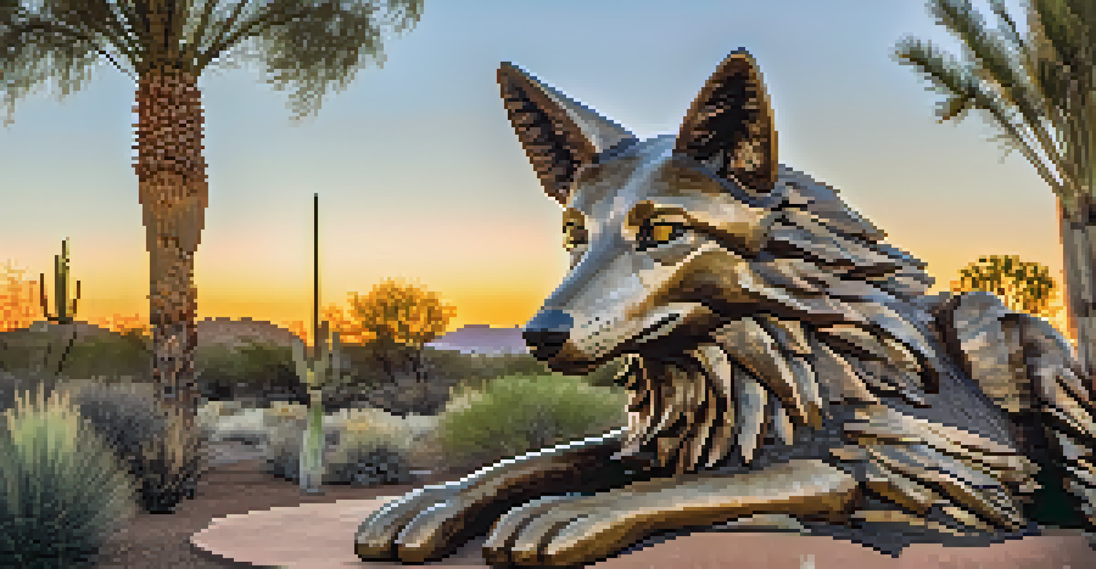 A detailed sculpture of a coyote made from recycled materials in a park, surrounded by desert plants and a warm sunset sky.