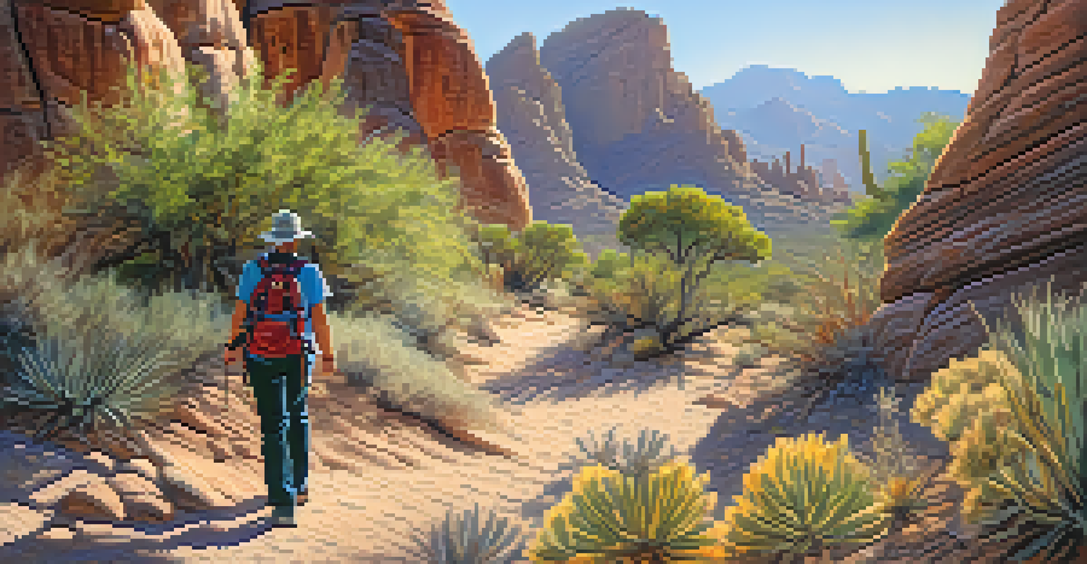 A hiker on an adventurous trail in Pima Canyon, surrounded by unique rock formations and desert plants.