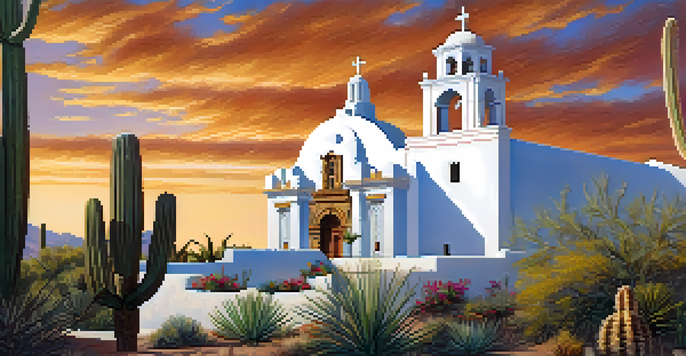 A picturesque scene of Mission San Xavier del Bac with white walls and desert plants in the foreground under a clear blue sky.