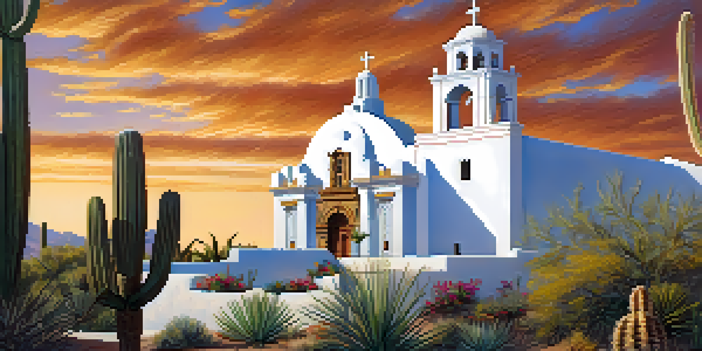 A picturesque scene of Mission San Xavier del Bac with white walls and desert plants in the foreground under a clear blue sky.