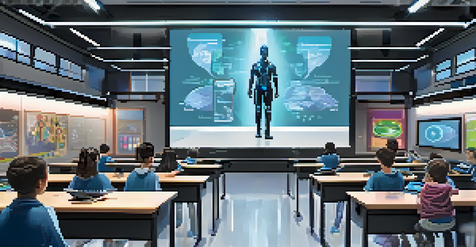 A modern classroom with a teacher and students using augmented reality for an interactive lesson on the human body.