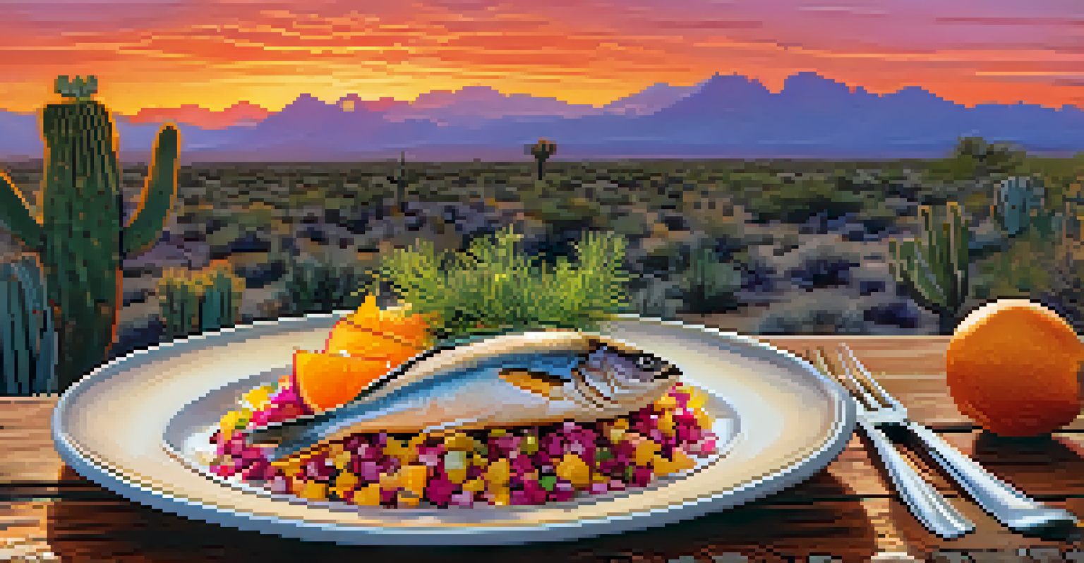 A plated dish of grilled fish with prickly pear salsa, set against a sunset backdrop of the Sonoran Desert.