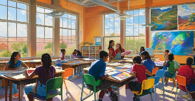 A lively classroom in Tucson with diverse students collaborating on a project, colorful posters on the walls, and sunlight coming through the windows.
