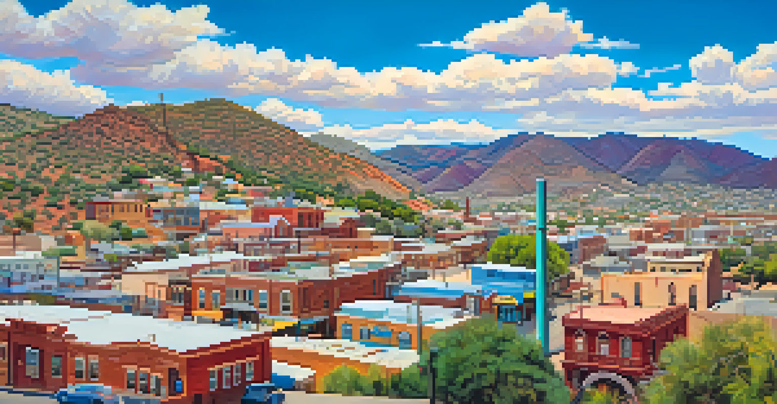 A panoramic view of Bisbee, Arizona, highlighting colorful historic buildings and a blue sky.