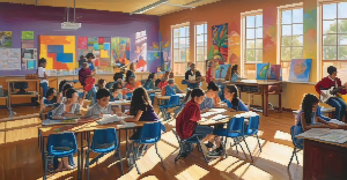 A lively classroom filled with diverse students participating in arts education, including painting, music, and dance, with bright sunlight illuminating the space.