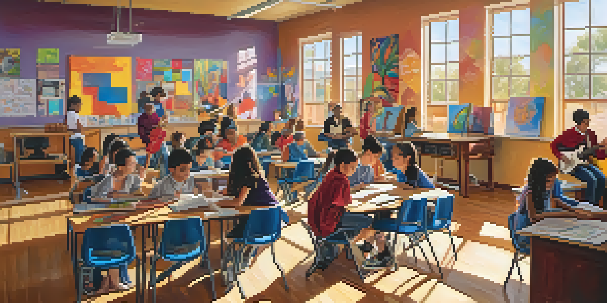 A lively classroom filled with diverse students participating in arts education, including painting, music, and dance, with bright sunlight illuminating the space.