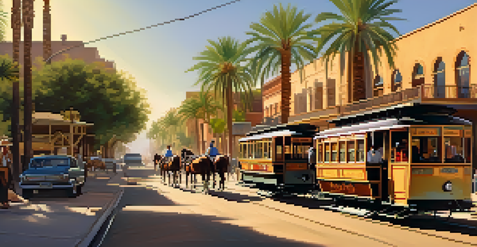 A vintage street scene in Tucson with horse-drawn streetcars and adobe buildings under warm sunlight.