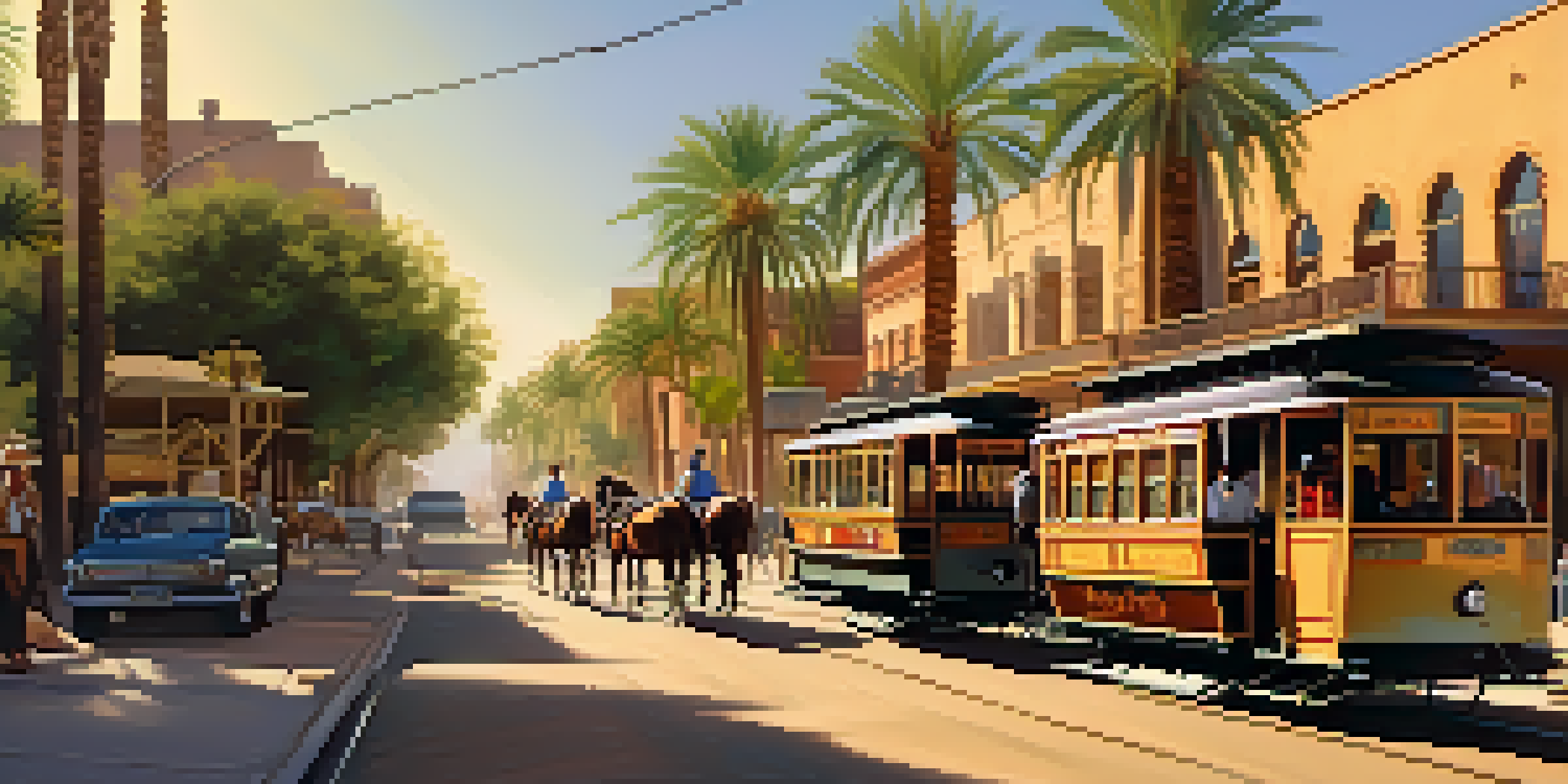 A vintage street scene in Tucson with horse-drawn streetcars and adobe buildings under warm sunlight.