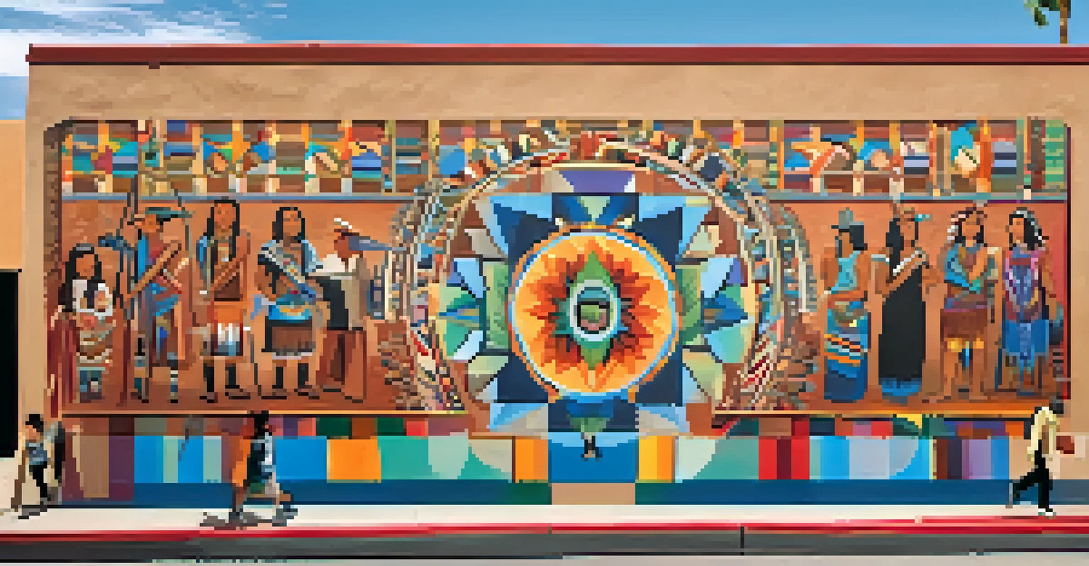 A colorful mural depicting the fusion of different cultures in Tucson, with people admiring it.