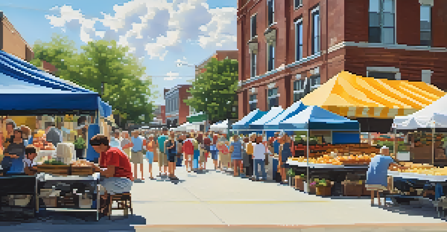 A bustling Sunday farmers' market at St. Philip's Plaza with families enjoying food, live music, and colorful crafts in a sunny setting.