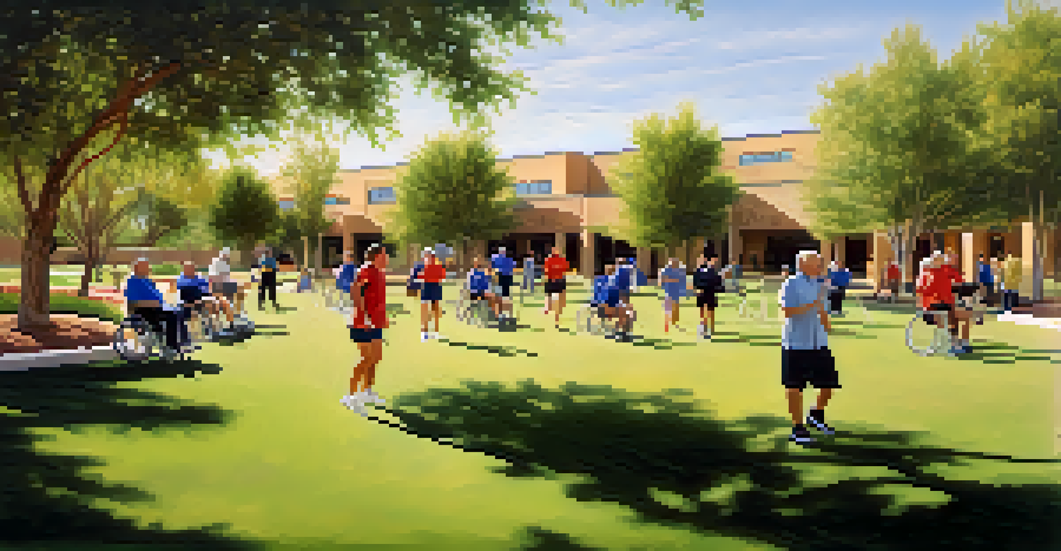 Veteran athletes undergoing rehabilitation exercises outdoors, supported by trainers in a vibrant, green environment.