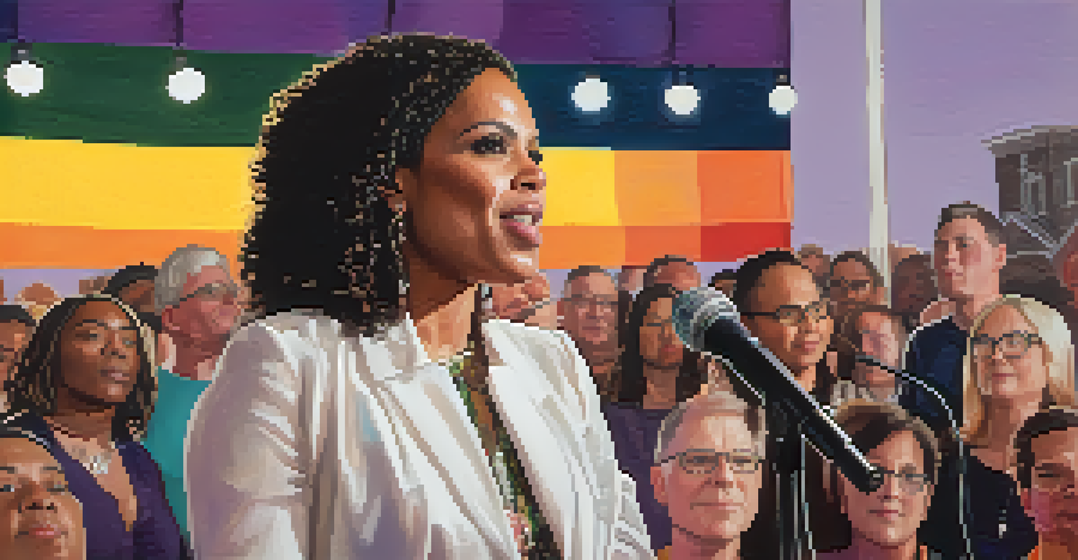 An LGBTQ+ activist speaking at a community gathering, with a banner promoting equality in the background and an engaged audience.