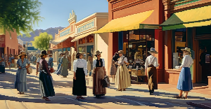 A historical scene of women entrepreneurs in early 20th-century Tucson, interacting with customers outside their shops on a sunny day.