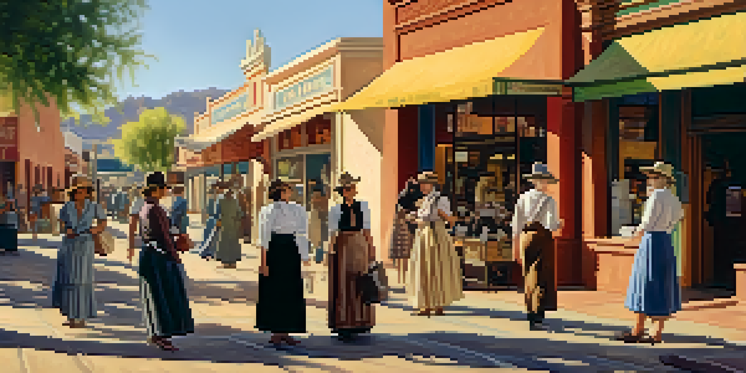 A historical scene of women entrepreneurs in early 20th-century Tucson, interacting with customers outside their shops on a sunny day.