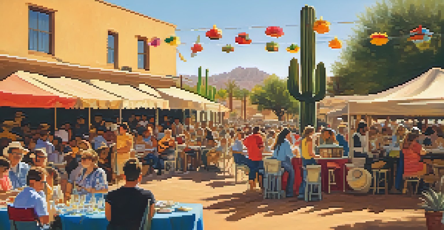 Artists performing at the Tucson Folk Festival with a lively audience and desert plants in the background.