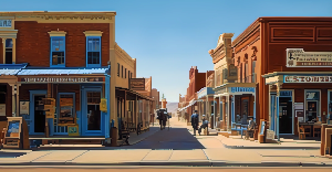 A view of Tombstone's Allen Street with historic buildings and tourists in period costumes under a blue sky.