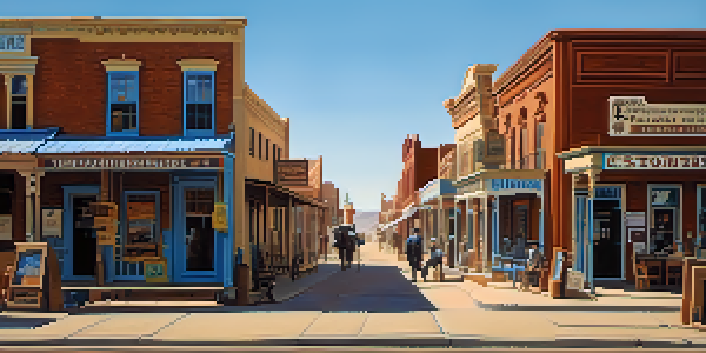 A view of Tombstone's Allen Street with historic buildings and tourists in period costumes under a blue sky.
