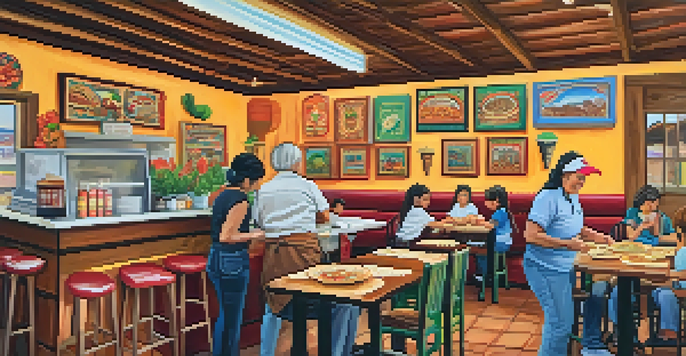 A family-owned taqueria in Tucson, showcasing a grandmother making tortillas and her grandchildren serving food in a warm, inviting setting.