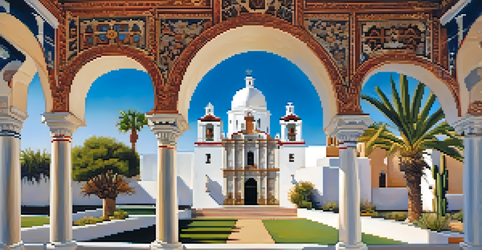 A historic mission building with white walls and domes, surrounded by desert plants under a blue sky.