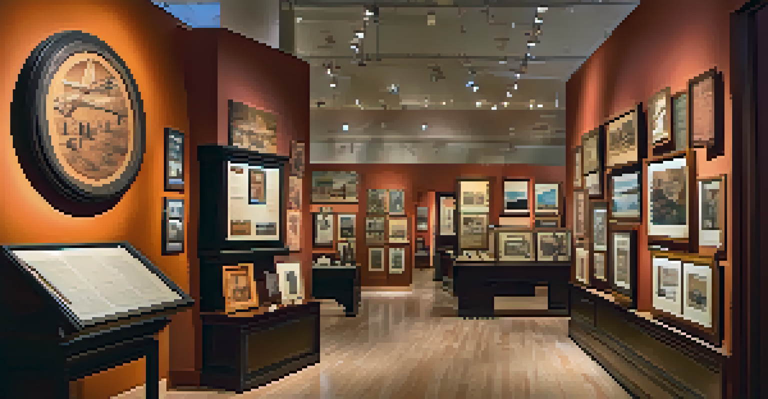 An inside view of a museum displaying Native American artifacts, photographs, and documents with warm lighting.