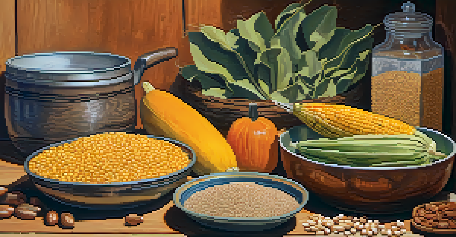 A rustic kitchen with traditional Native American ingredients displayed on a wooden table.