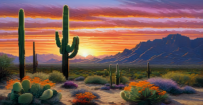 A sunset over the Sonoran Desert, featuring a Saguaro cactus and colorful wildflowers.