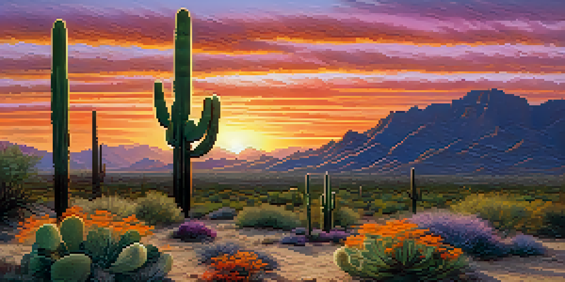 A sunset over the Sonoran Desert, featuring a Saguaro cactus and colorful wildflowers.