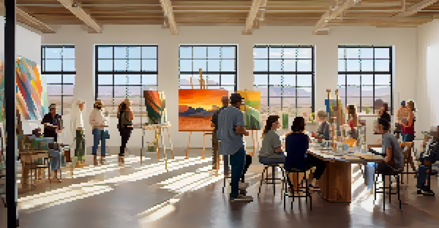 Artists collaborating in a bright studio with colorful paintings inspired by Tucson's desert landscape.