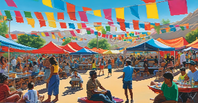 A lively music festival in Tucson with a diverse crowd enjoying live performances and colorful food stalls.