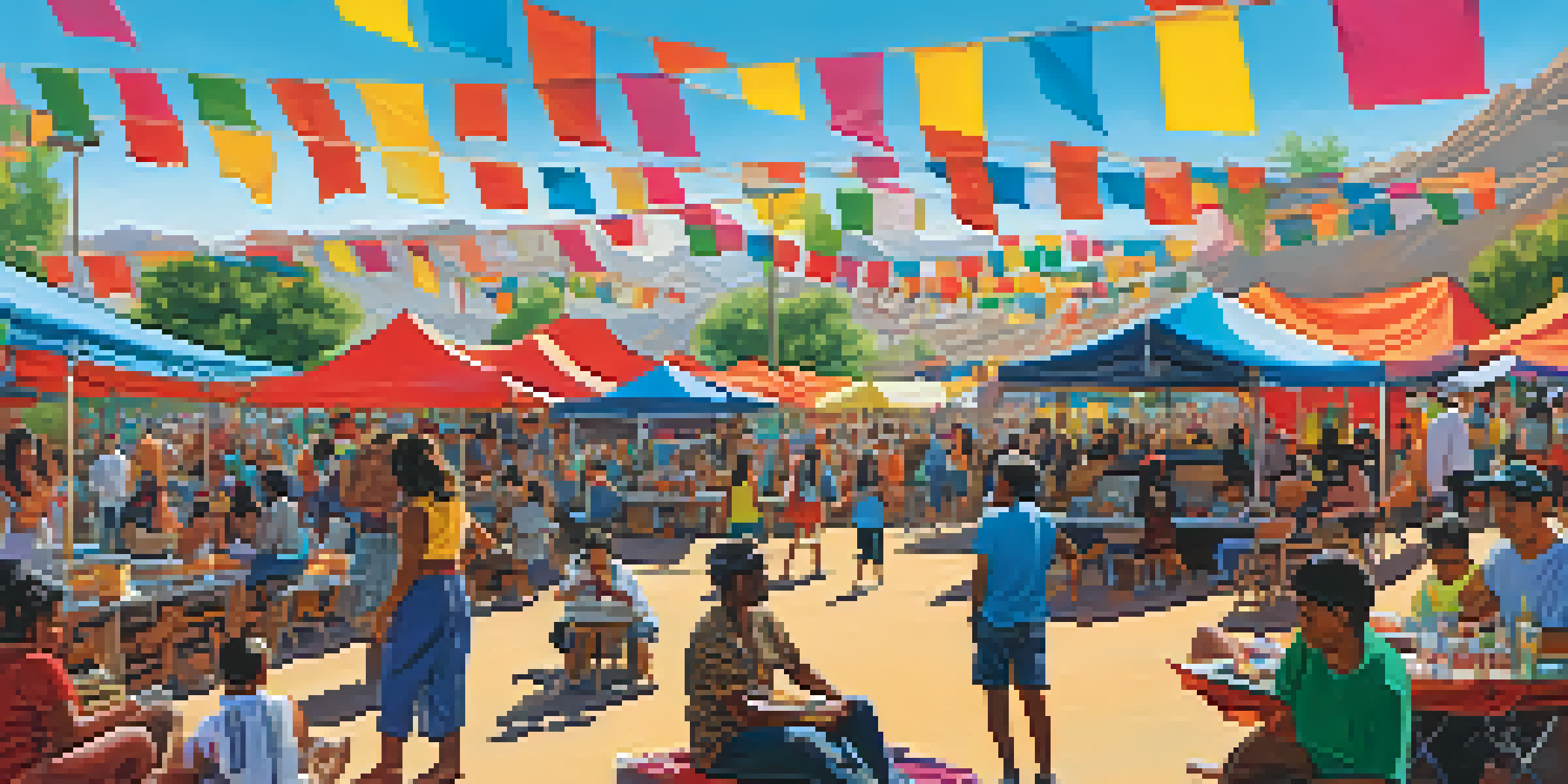 A lively music festival in Tucson with a diverse crowd enjoying live performances and colorful food stalls.