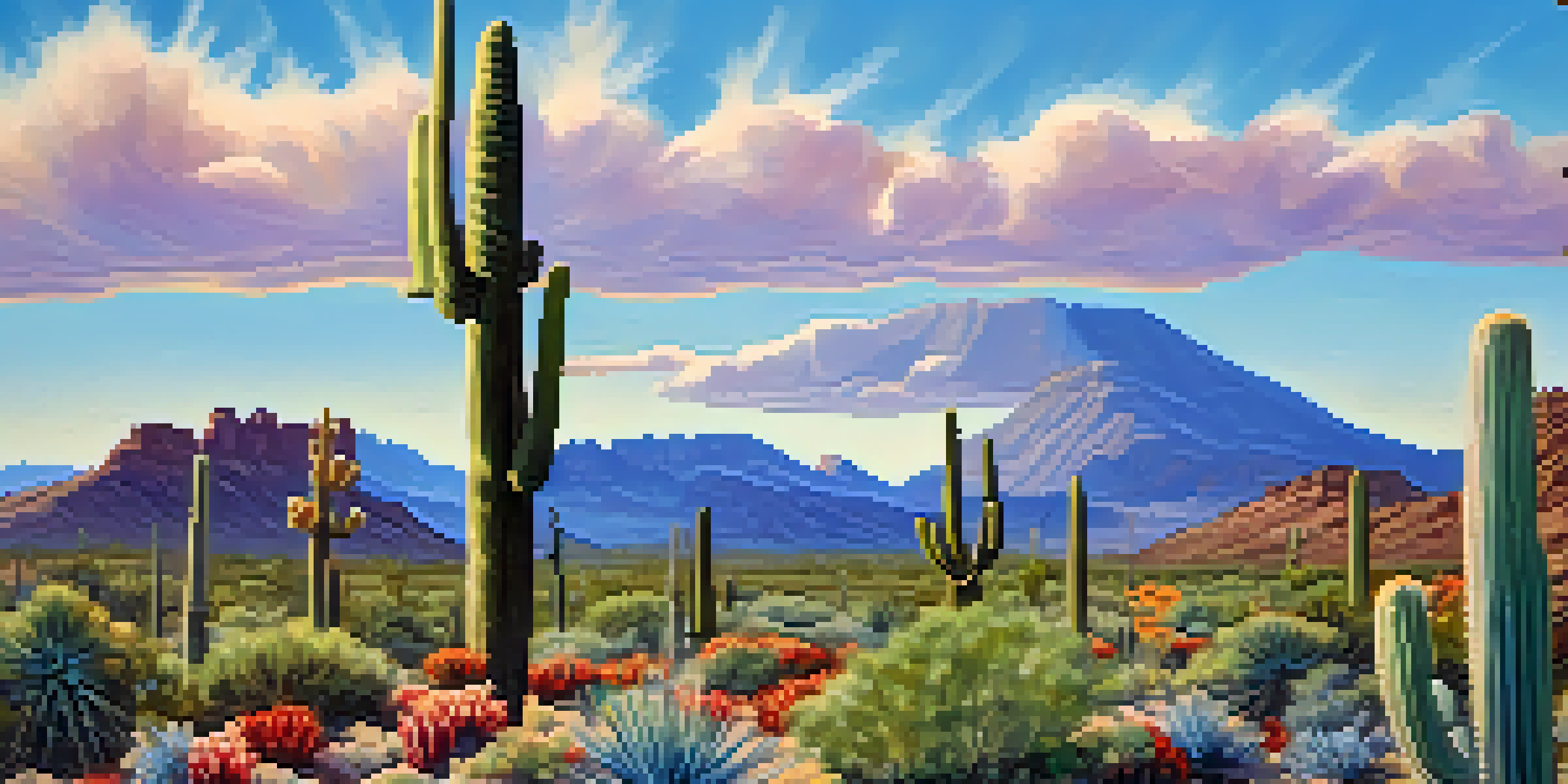 A tall saguaro cactus with blooming flowers under a clear blue sky, surrounded by colorful wildflowers.