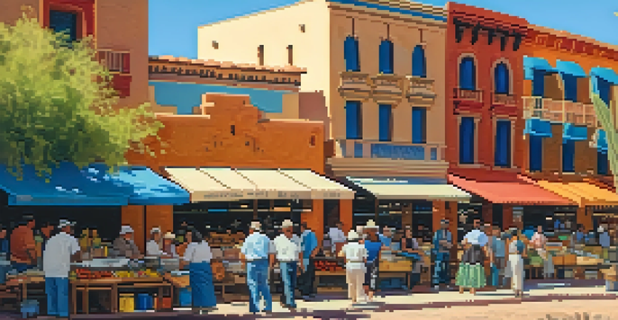 A busy market scene in Tucson, featuring colorful stalls with food and crafts, surrounded by diverse people and historic buildings under a bright sky.