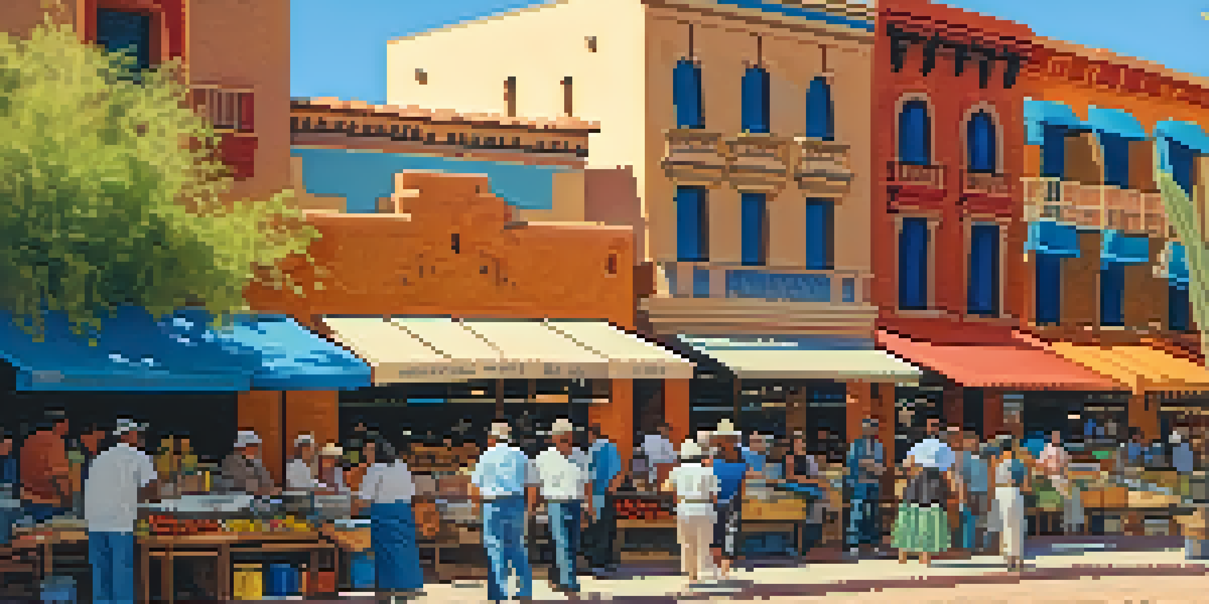 A busy market scene in Tucson, featuring colorful stalls with food and crafts, surrounded by diverse people and historic buildings under a bright sky.