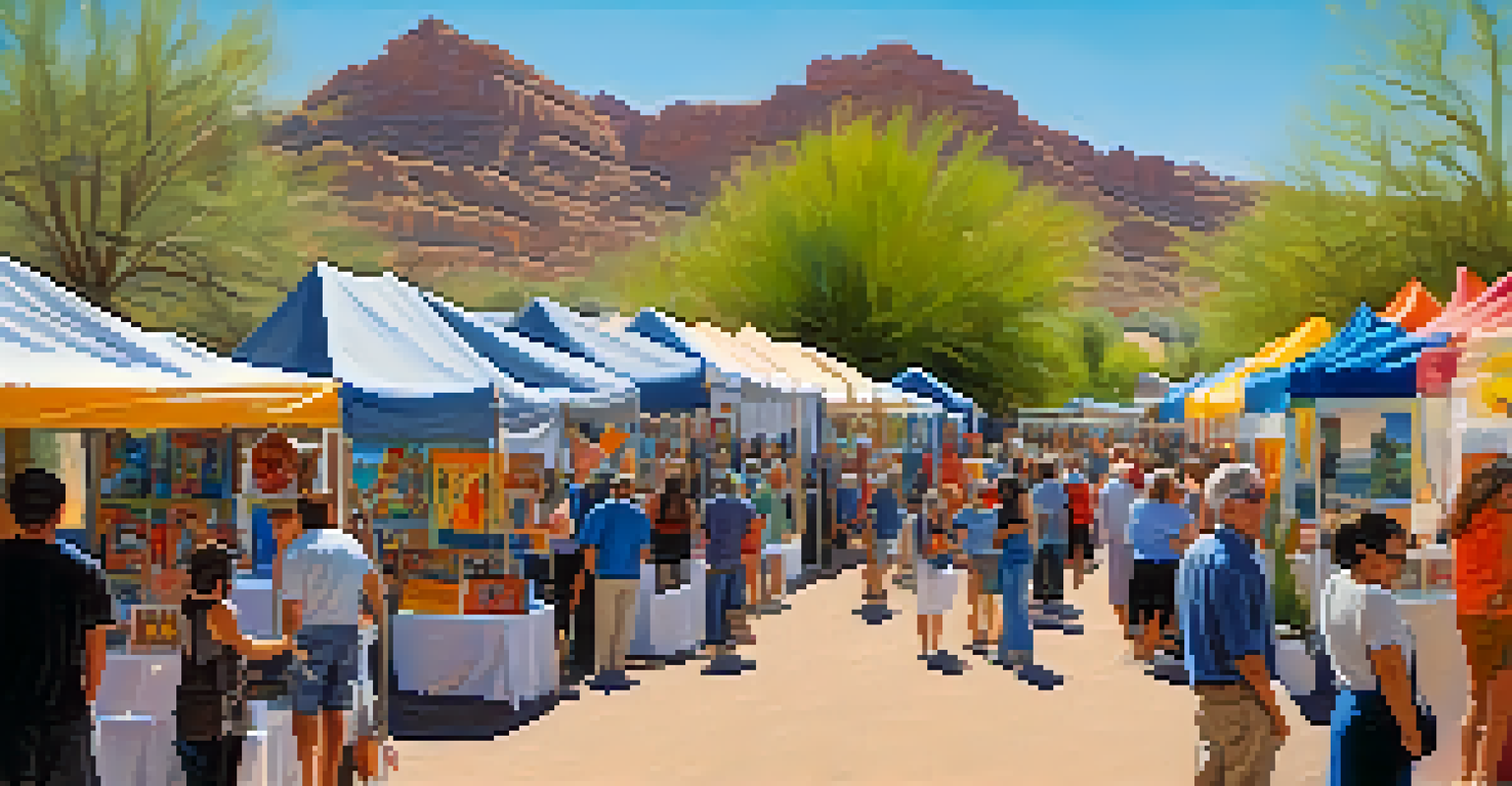 An open-air gallery at the Tucson festival displaying vibrant artworks and local artists engaging with attendees amid a desert backdrop.