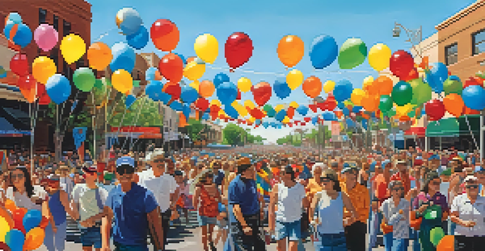 A lively Pride parade in Tucson, filled with people holding colorful flags and banners, celebrating diversity under a clear blue sky.