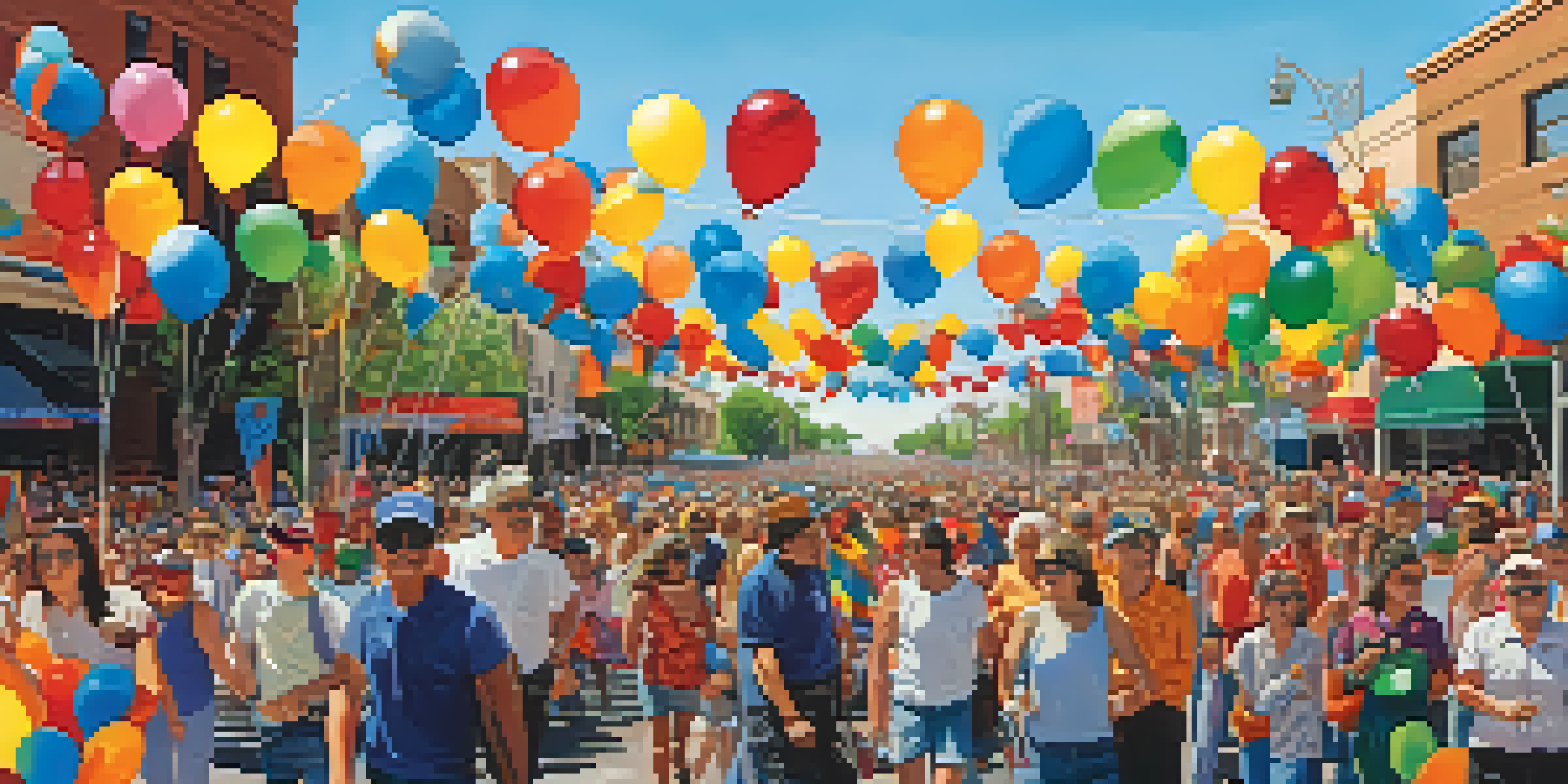 A lively Pride parade in Tucson, filled with people holding colorful flags and banners, celebrating diversity under a clear blue sky.