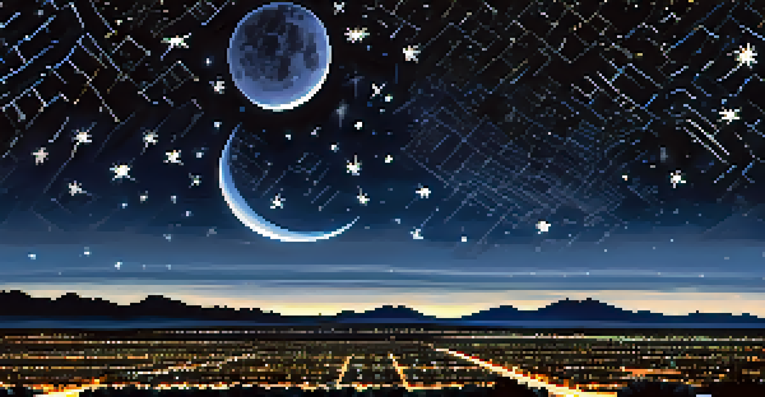 An infographic illustrating Tucson's dark sky initiative, with icons on a starry night sky background.