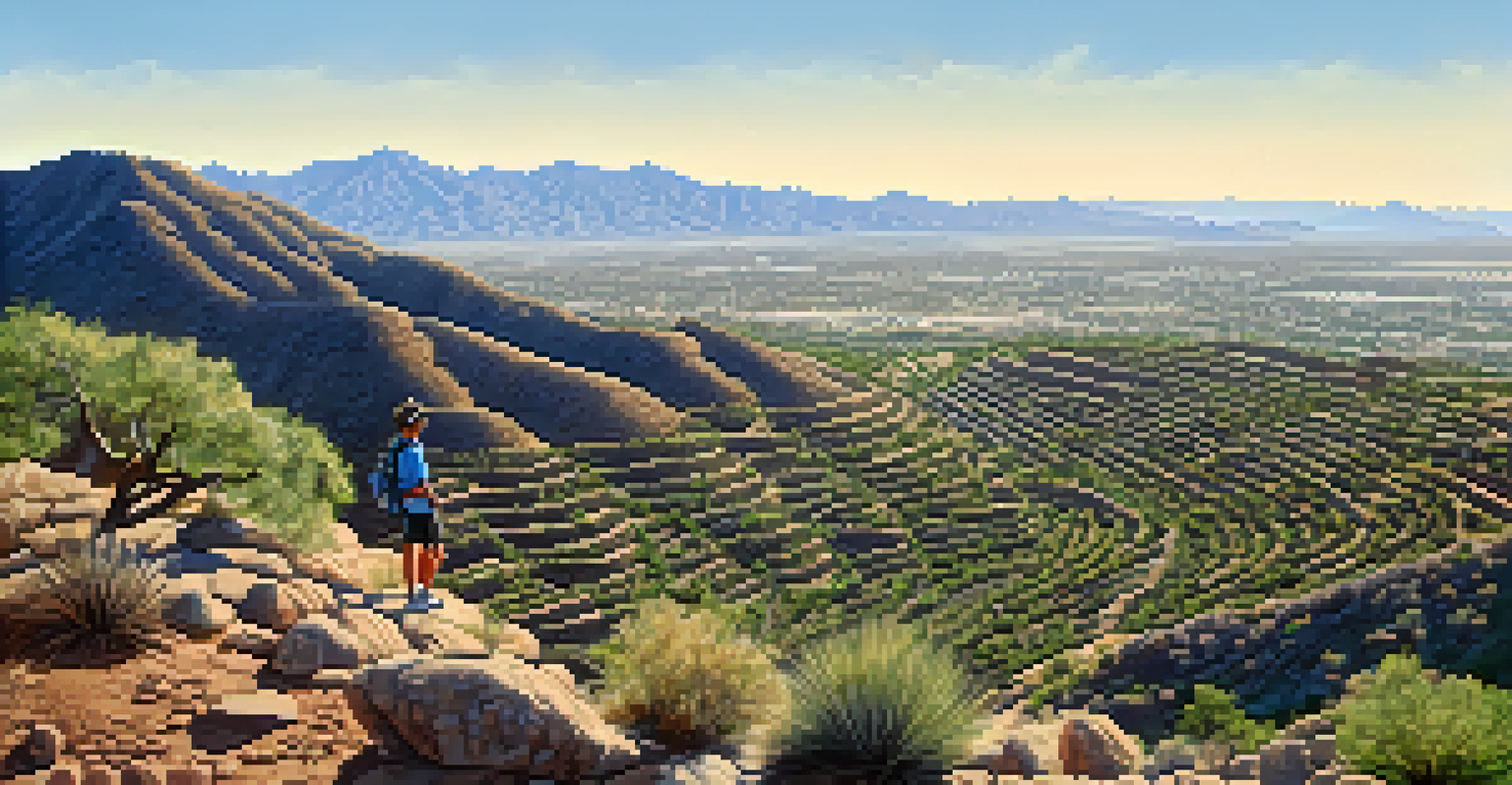 A hiker at the top of Tumamoc Hill with a view of Tucson and ancient farming terraces.