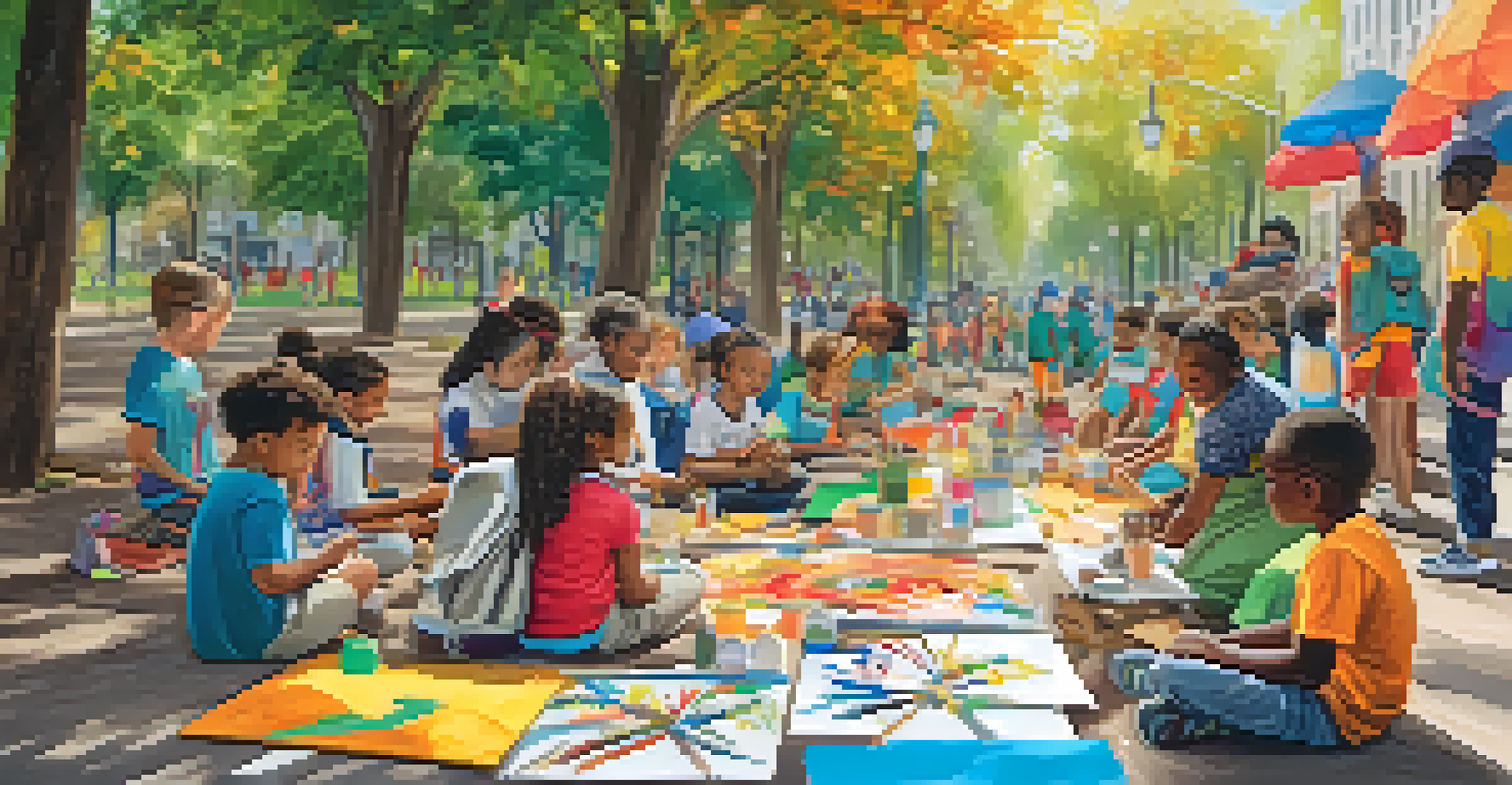 Children participating in a community art workshop in a park, learning from local artists.