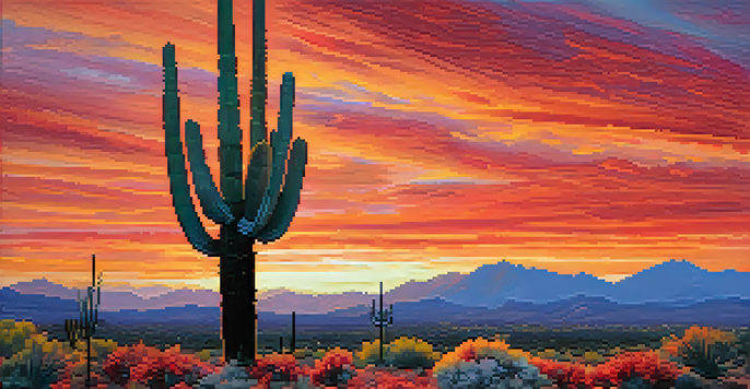 A Tucson desert landscape during sunset with a saguaro cactus silhouette and colorful sky.