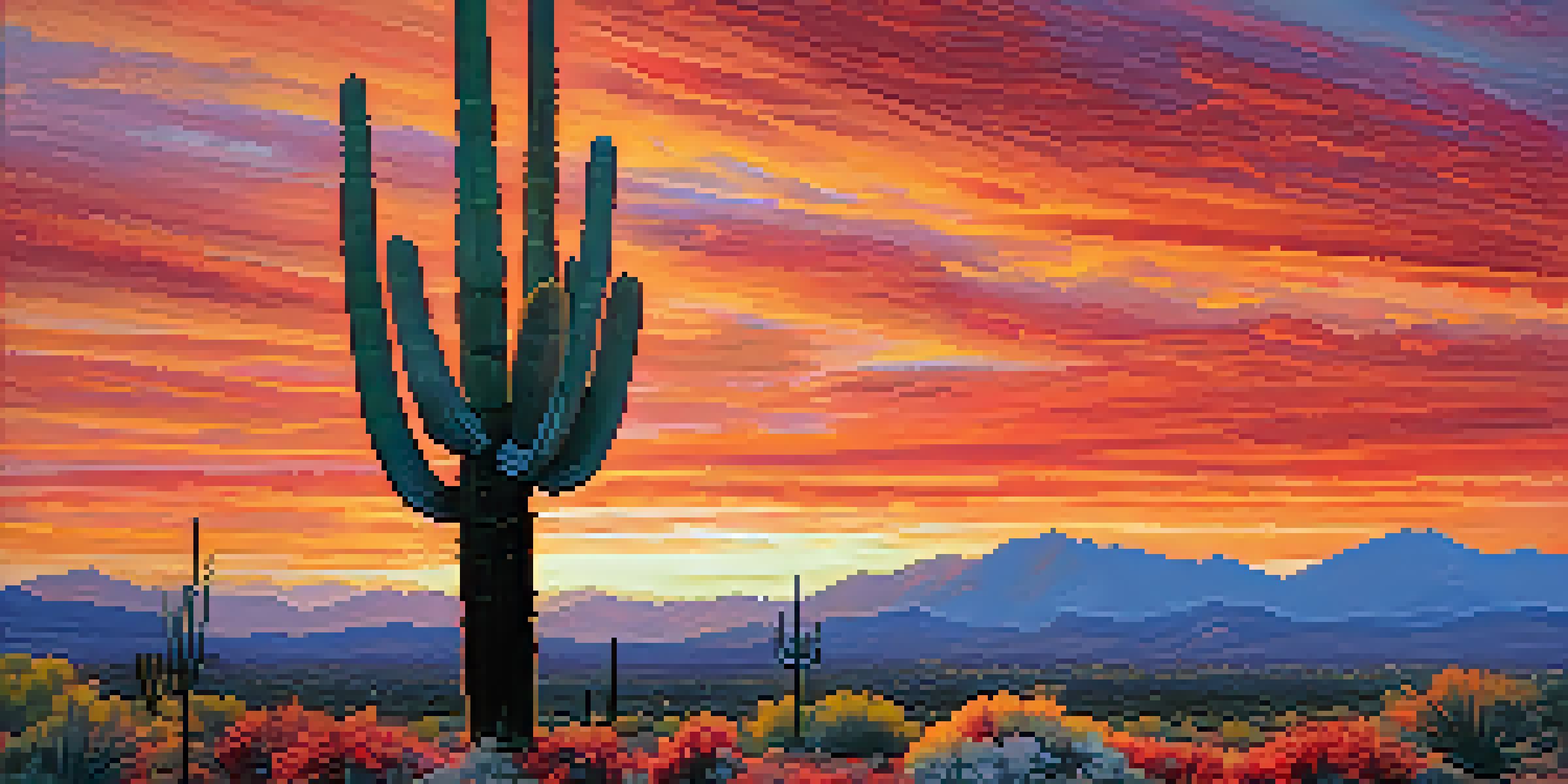 A Tucson desert landscape during sunset with a saguaro cactus silhouette and colorful sky.