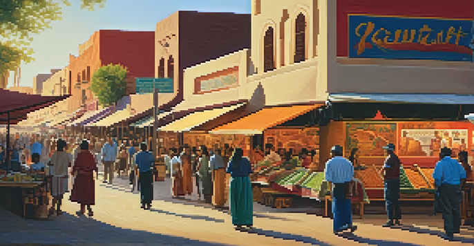 A lively street market in Tucson with diverse people and colorful murals, illuminated by the setting sun.